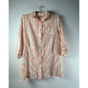 Terra SJ Apparel Women's Button Down Shirt 3/4 Sleeve Orange Stripe Cotton Blend